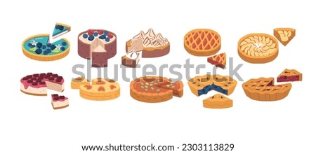Set of Multiple Pies With One Slice Cut Out To Reveal The Filling Inside. Each Pie Has A Unique And Delectable Flavor