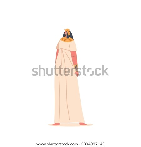 Ancient Egyptian Woman Wear Long Linen Dress, Wig And Jewelry. Makeup, Specifically Black Kohl Around The Eyes