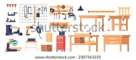 Carpentry Workshop Items Set. Workbench, Saw, Hammer And Chisel, Screwdriver, Drill, Measuring Tape Or Pliers