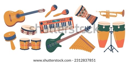 Vibrant Set Of Musical Instruments for Playing Reggae Music. Drums, Guitar, Keyboard, And Percussion Vector Illustration