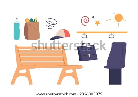 Set of Icons Wooden Bench, Paper Bag with Grocery, Water Bottle, Briefcase, Bus Seat and Handle, Cap, Sun and Stars
