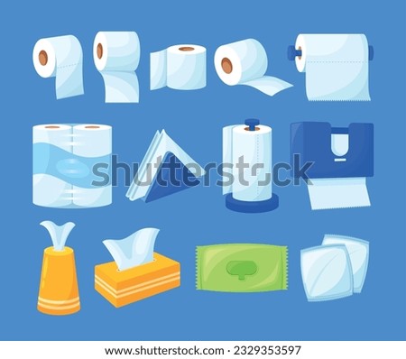 Set Of Essential Personal Hygiene Items, Toilet Paper Or Towel, Napkins, Sanitary Pads And Wet Wipes Vector Illustration