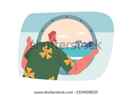 Curious Traveler Male Character Gazes Through The Ships Porthole, Captivated By The Ever-changing Sea