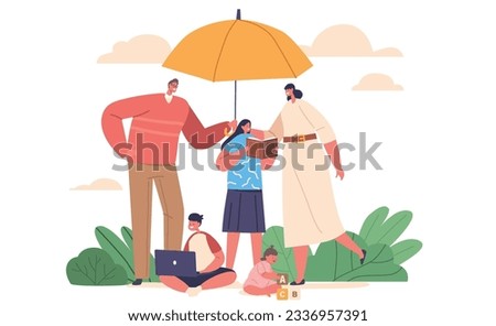 Family Under Protection Concept with Parents and Kids Covered with Umbrella. Safeguarding Of Family Members