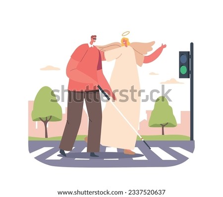 Angel Keeper Guides Blind Man Safely Across The Road, Offering Support And Assistance In Navigating The Bustling Traffic
