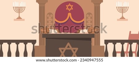 Synagogue Interior, Ornate With The Ark, Bimah And Torah Scrolls At The Center. Decorated With Religious Symbols
