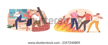Terrified People Flee As Earthquake And Fire Wreak Havoc, Leaving Destruction In Their Wake Cartoon Vector Illustration