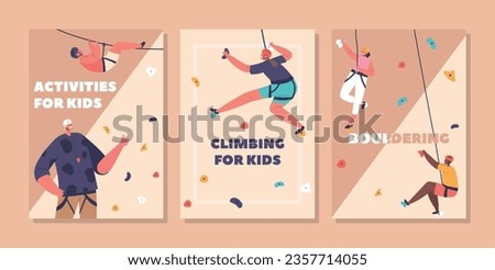 Mountaineering Activities For Kids Vertical Banners. Children Characters Scale A Climbing Wall With Help Of Trainer