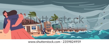 Characters Flee A Sea Hurricane Fury, Seeking Safety At City. Desperation Fuels Their Escape As They Running From Waters