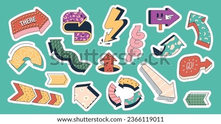Set Stickers Vibrant Dynamic Arrow Signs, Exude Energy And Direction, Guiding With Their Bold Presence, Linear Symbols