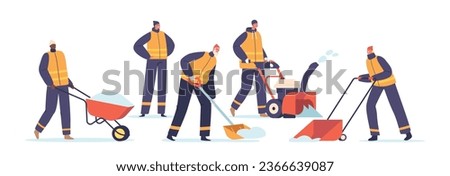 Professional Snow Cleaning Characters Team In Action, Clearing A Snow-covered Urban Street With Precision And Teamwork