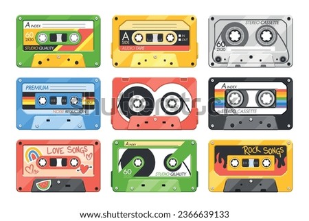 Audio Cassettes, Retro Tapes, Media Storage For Music And Sound Isolated On White Background, Illustration, Set