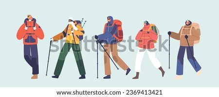 Winter Hikers or Climber Male and Female Characters, Clad In Warm Gear, and Backpacks, Forging Their Own Snowy Paths