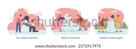 Isolated Elements With Joyful Kids Characters Crafting A Jolly Snowmen With Carrot Noses And Coal Eyes, Vector