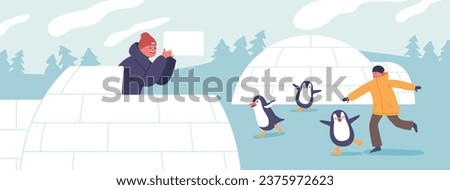 Joyful Children Frolic With Penguins And Building Igloo, Their Laughter Echoing In A Winter Wonderland Camp, Vector
