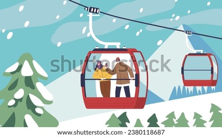 Adventurous Couple Characters Suspended Mid-air, Embraced By A Cable Car Gentle Sway. Faces Filled With Awe