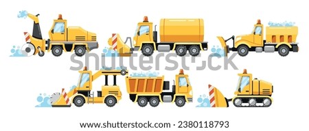 Heavy Snowplow Transport Set. Truck-mounted Plows, Snowcat Vehicles, And Snow Blowers Specialized Machines, Vector