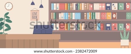 Library Interior Exudes A Serene Ambiance With Rows Of Books, Soft Lighting, And Cozy Reading Nooks, Vector Illustration