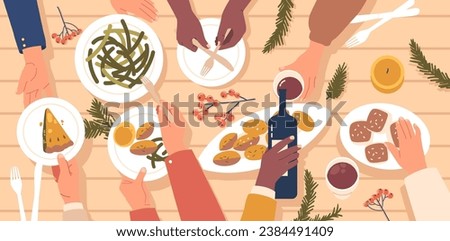 Bountiful Christmas Feast, Hands Reaching For Dishes In A Top-down View. Vibrant Colors, Steaming Plates