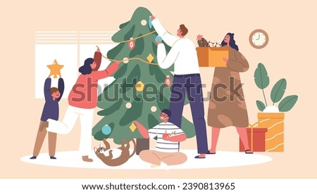 Joyful Family Characters Gathers Around Twinkling Christmas Tree, Laughter Echoing As They Lovingly Decorate