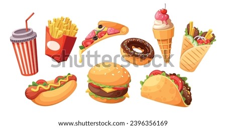 Fast Food Meals Set. Burger, French Fries, Pizza, And Ice Cream. Cola Cup, Hotdog, Tacos With Donut And Shawarma