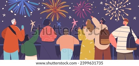 People Gather Under A Starry Sky, Faces Illuminated With Awe, Watching Vibrant Bursts Of Holiday Fireworks