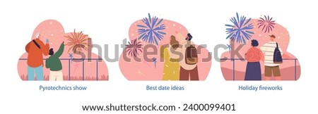 Isolated Vector Elements With Characters Gather Under Starry Sky. Joyful Kids And Adult People Watching Holiday Firework