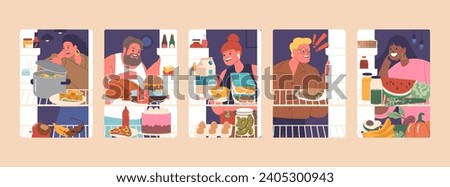 People Look Inside Of Fridge Set. Hungry Characters Check Food Groceries, Products And Nutrition, Vector Illustration