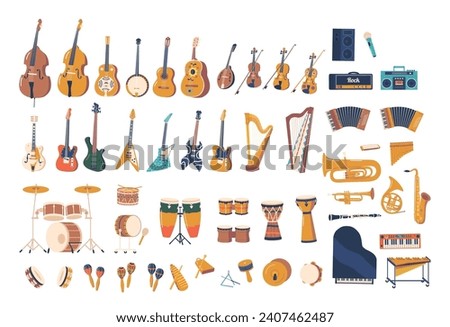 Musical Instruments Set. Cello, Guitar, Banjo or Violin. Harp, Trumpet And Drums, French Horns, Grand Piano, Synthesizer