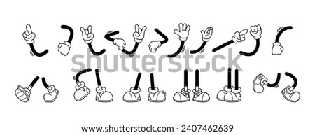 Isolated Legs and Arms in Cartoon Comic Retro Style. Stick Feet In Shoes Walk, Stand And Dance or Run, Arms Gestures