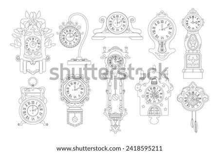 Antique Clocks Outline Vector Icons Set, Intricate Black And White Timepieces From Bygone Eras, Made Ornate Designs