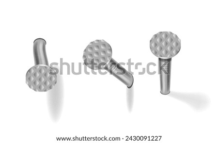 Realistic 3d Vector Nails Hammered Into A Wall, Featuring Steel Or Silver Pin Heads. Straight And Bent Hardware Spikes