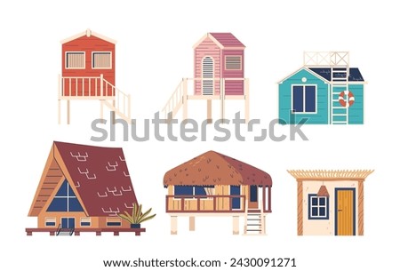 Beach Houses Set. Collection Of Summer Residences For Tranquil Seaside Living. With Panoramic View And Beachfront Access