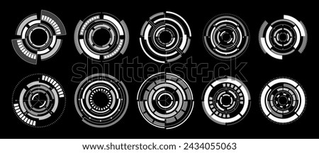 Techno Hi-tech Circles Monochrome Vector Collection. Abstract, Modern Design Elements For Games Or Techno Apps
