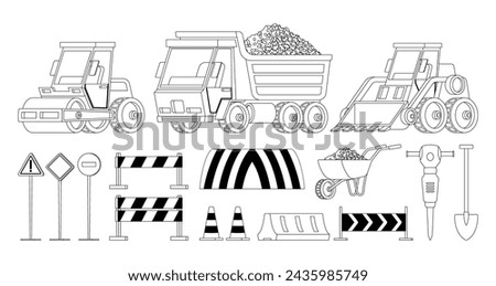 Road Construction Equipment Isolated Outline Vector Icon Set. Bulldozer, Wheelbarrow And Tip Truck Monochrome Collection