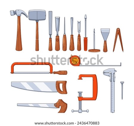 Carpenter Tools Isolated Vector Set. Hammers, Nails, Saws, Chisels, Measuring Tape, Spatula, Screwdriver And Clamp