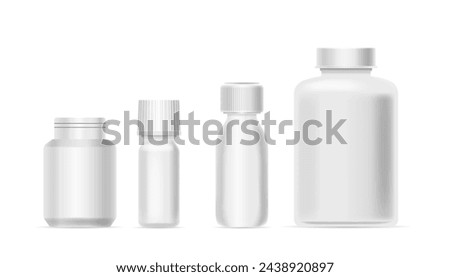 Set Of 3d Vector Drug Bottles Mockup, Featuring Realistic Pharmaceutical Packaging Designs. Isolated White Blank Flasks