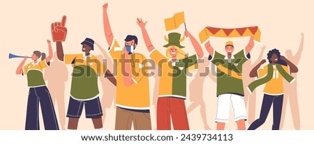 Football Fan Characters Cheering with Flags, Banners and Pipes, Watching Soccer Match at Stadium, Vector Illustration