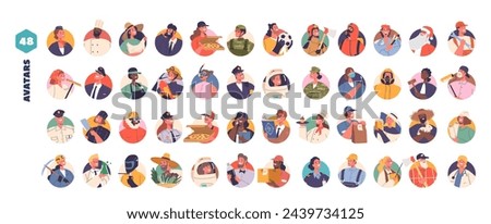 Profession Avatars Set. Round icons Collection of Various Jobs. Air Hostess, Chef, Farmer, Businessman or Courier