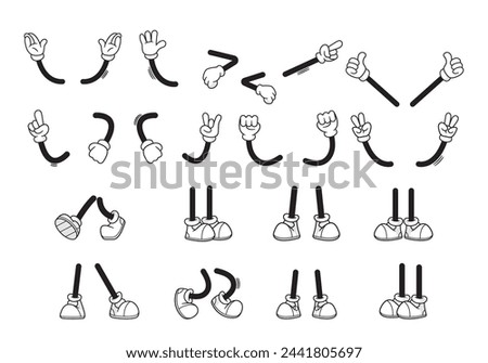 Vector Set of Retro Cartoon Legs in Footwear and gloved Arms Animation Gestures. Feet And Hands Poses