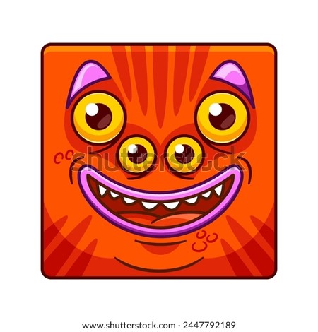 Happy Cartoon Monster Character Face with a Wide Smile, Square Icon Or Avatar. Funny Beast with Bulging Multiple Eyes