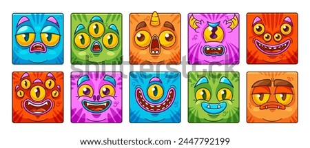 Square Icons Or Avatars Of Monster Faces Feature Cartoon Characters With Expressive Features, With Vivid Colors