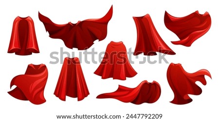 Vector Set of Flowing Red Superhero Cloaks Billow Behind Isolated on White Background. Crimson Super Hero Capes