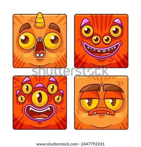 Square Icons, Emojis Or Avatars Of Cartoon Monster Face Character With Bulging Multiple Eyes, Sharp Teeth, Horns