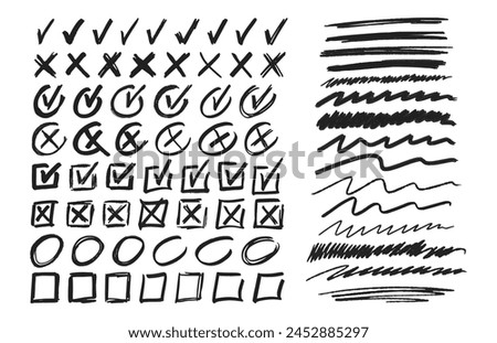 Manuscript Marks, Doodle Ticks, Crosses, Squares and Circles with Underlines. Monochrome Vector Signs Collection