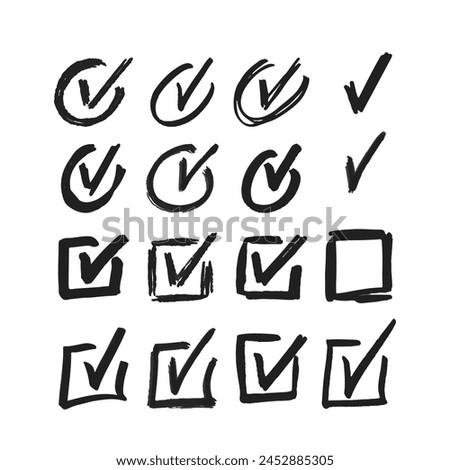 Doodle Ticks Vector Monochrome Collection. Informal Marks Or Symbols Used In Doodling, Tests Or Note-taking