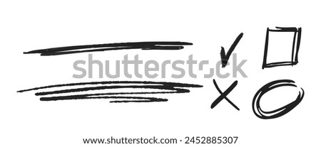 Manuscript Marks, Doodle Tick, Cross, Square and Circle, Strikethrough Underlines. Monochrome Vector Hand Drawn Signs