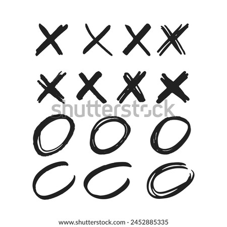 Crosses and Circles Manuscript Marks. Isolated Vector Monochrome X or O Signs on White Background. Writing Symbols
