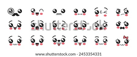 Kawaii Face Emojis, Adorable And Expressive Cute Boy or Girl, Animals, Pets Like Cat or Dog, Muzzles With Big Round Eyes