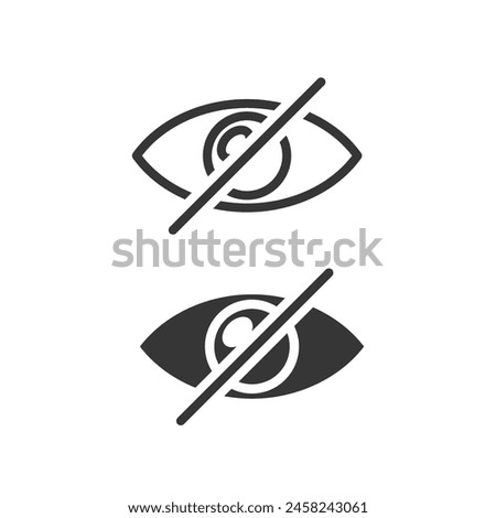 Two Vector Crossed Eye Monochrome Icons. Concept Of Prohibited Or Restricted Vision, Featuring An Eye With Diagonal Line